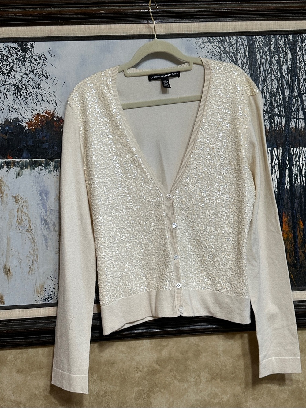 Ellen Tracy Cream Sequin V-Neck Cardigan - Large